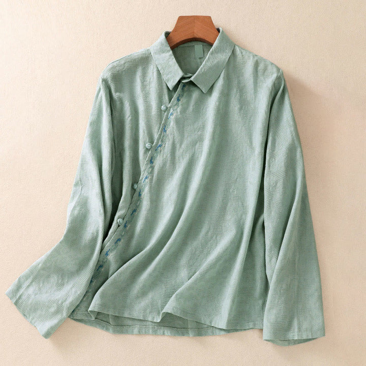 Camisa de manga larga de algodón para mujer con diseño asimétrico bordado de Buddha Stones y botones de rana - Aguamarina medio - US8-10，UK/AU12-14，EU40-42 (2XL) - image 0