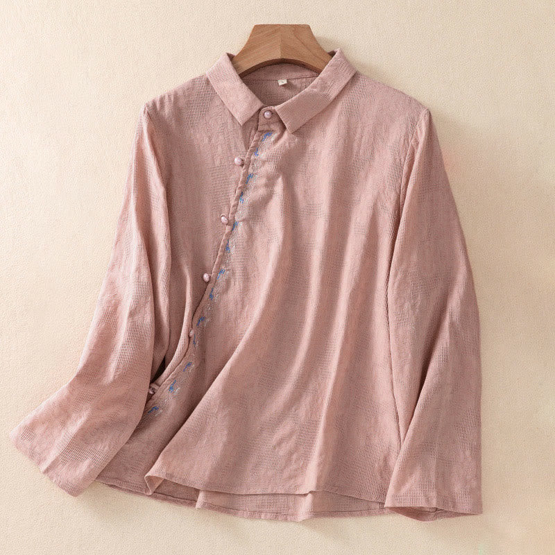 Camisa de manga larga de algodón para mujer con diseño asimétrico bordado de Buddha Stones y botones de rana - Coral claro - US8-10，UK/AU12-14，EU40-42 (2XL) - image 14