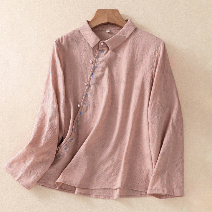 Camisa de manga larga de algodón para mujer con diseño asimétrico bordado de Buddha Stones y botones de rana - Coral claro - US8-10，UK/AU12-14，EU40-42 (2XL) - image 14