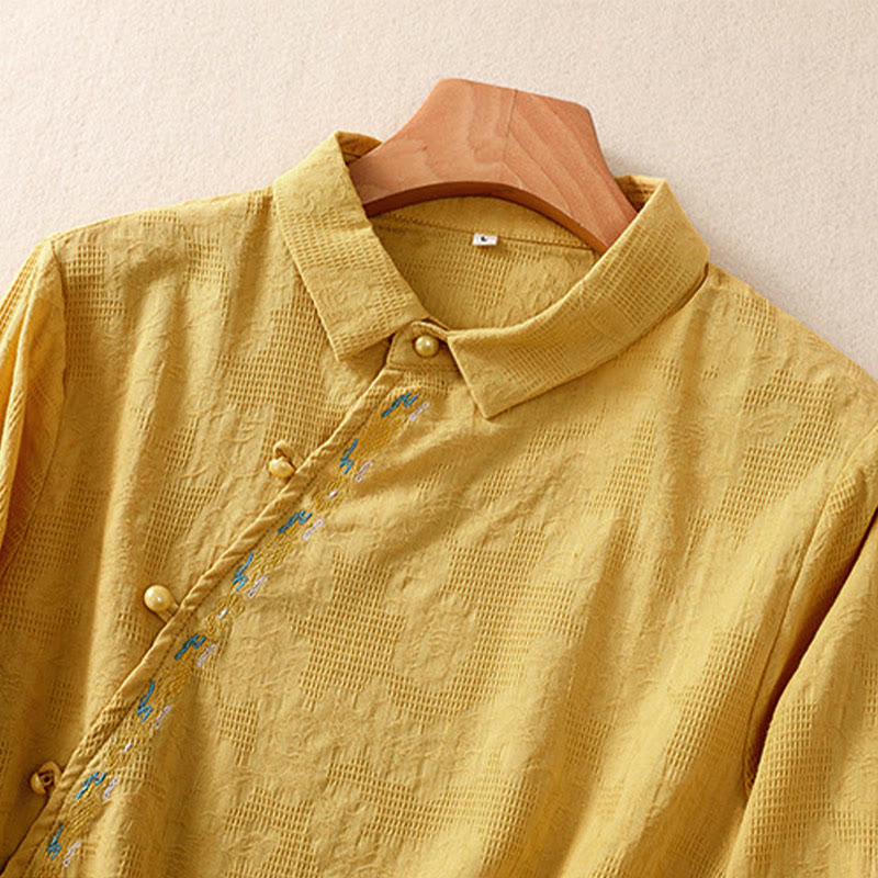 Camisa de manga larga de algodón para mujer con diseño asimétrico bordado de Buddha Stones y botones de rana - image 26