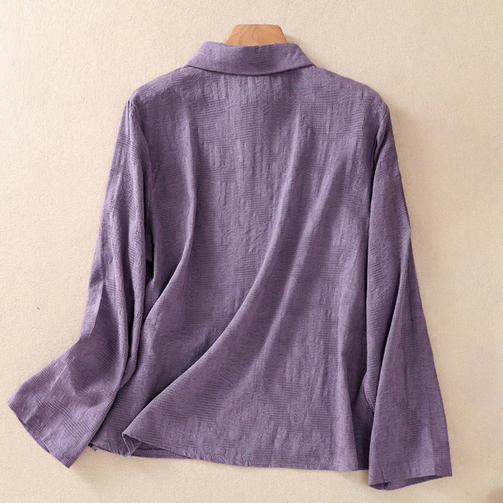 Camisa de manga larga de algodón para mujer con diseño asimétrico bordado de Buddha Stones y botones de rana - image 32