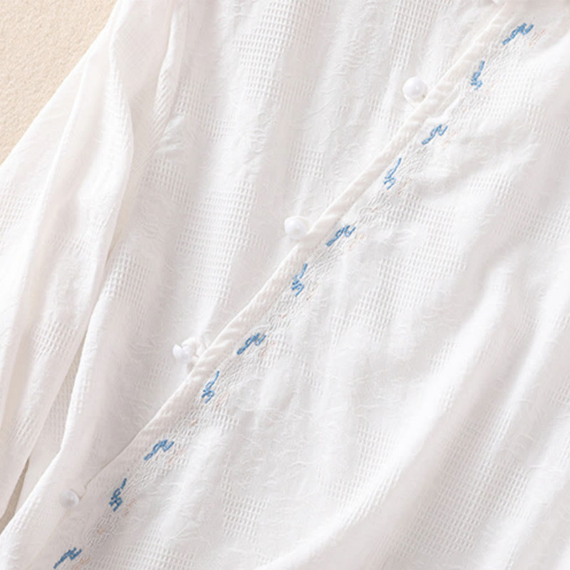 Camisa de manga larga de algodón para mujer con diseño asimétrico bordado de Buddha Stones y botones de rana - image 11