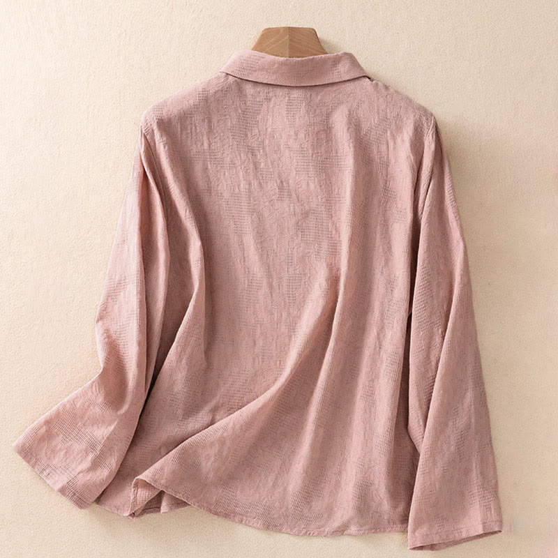 Camisa de manga larga de algodón para mujer con diseño asimétrico bordado de Buddha Stones y botones de rana - image 15