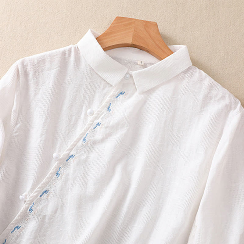 Camisa de manga larga de algodón para mujer con diseño asimétrico bordado de Buddha Stones y botones de rana - image 9