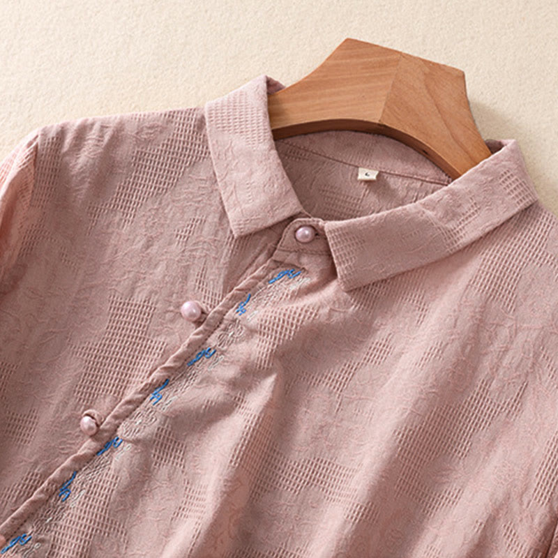 Camisa de manga larga de algodón para mujer con diseño asimétrico bordado de Buddha Stones y botones de rana - image 16