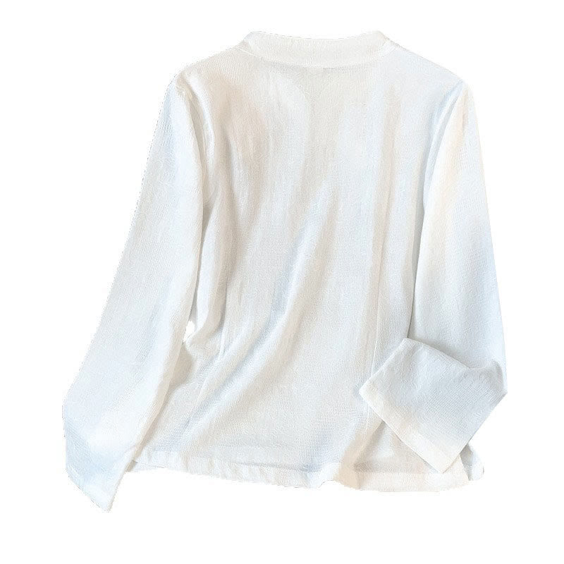 Camisa de algodón de manga larga para mujer con cuello mandarín, botones de rana y estampado jacquard de Buddha Stones para desplazamientos - image 19