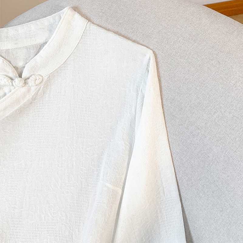 Camisa de algodón de manga larga para mujer con cuello mandarín, botones de rana y estampado jacquard de Buddha Stones para desplazamientos - image 15