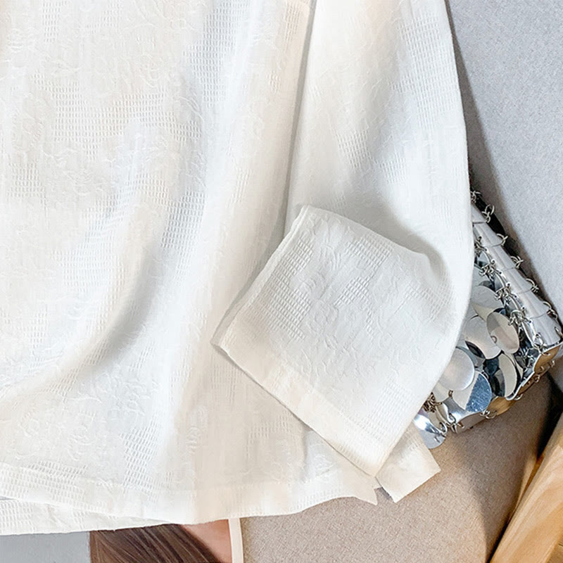 Camisa de manga larga para mujer con cuello mandarín, jacquard y botones chinos con diseño de piedras de Buda y estampado de Buddha Stones. - image 17