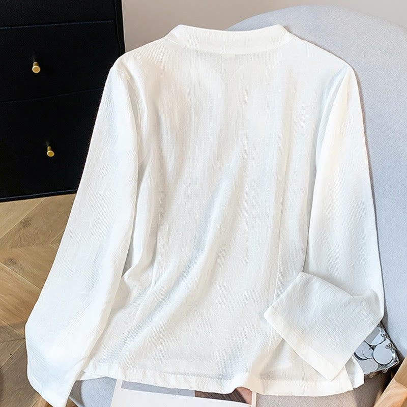 Camisa de algodón de manga larga para mujer con cuello mandarín, botones de rana y estampado jacquard de Buddha Stones para desplazamientos - image 11