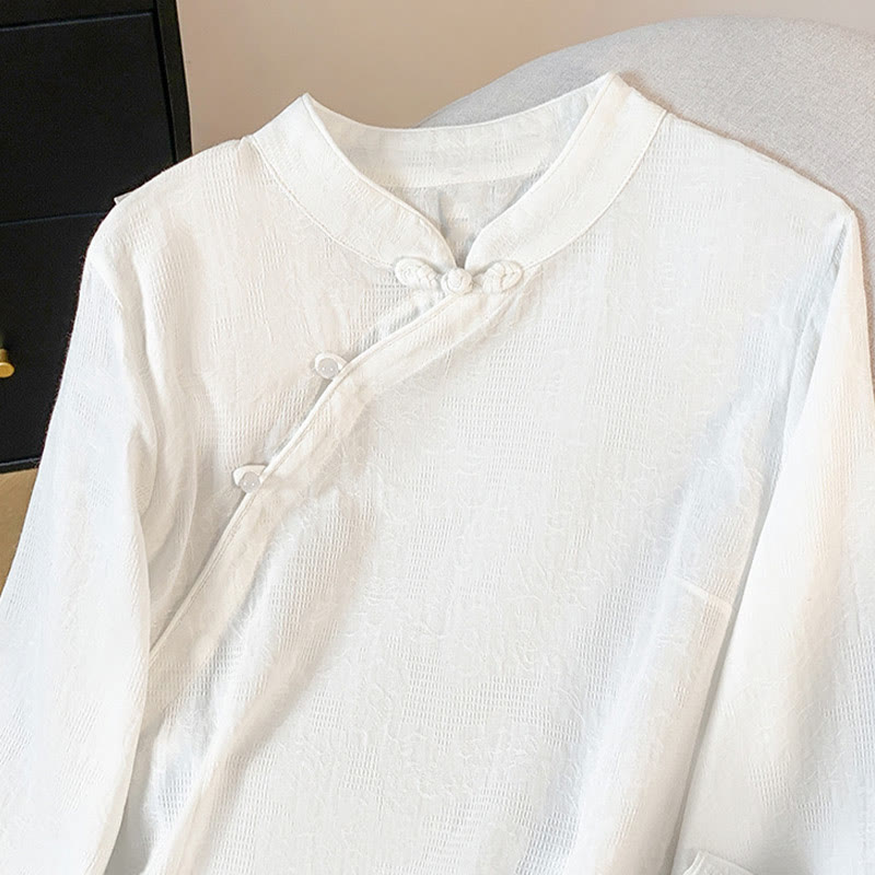 Camisa de algodón de manga larga para mujer con cuello mandarín, botones de rana y estampado jacquard de Buddha Stones para desplazamientos - image 13