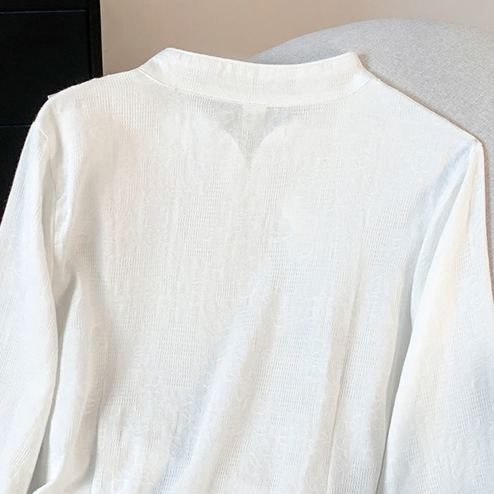 Camisa de algodón de manga larga para mujer con cuello mandarín, botones de rana y estampado jacquard de Buddha Stones para desplazamientos - image 14