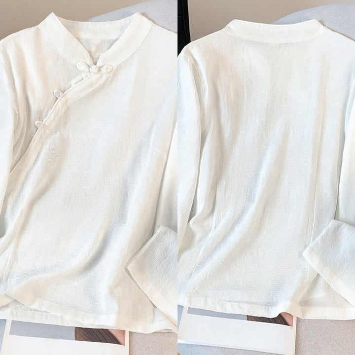 Camisa de algodón de manga larga para mujer con cuello mandarín, botones de rana y estampado jacquard de Buddha Stones para desplazamientos - image 18