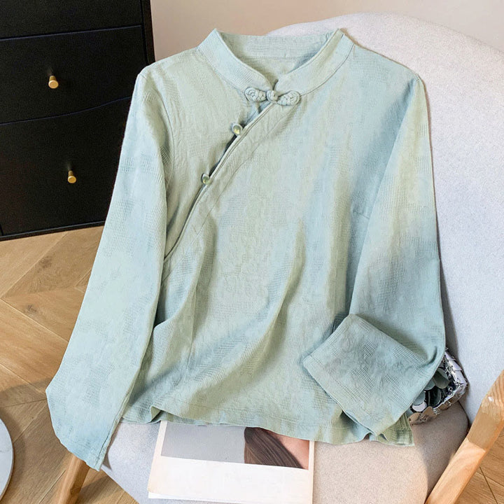 Camisa de algodón de manga larga para mujer con cuello mandarín, jacquard y botones chinos Buddha Stones Commute - Aguamarina medio - US8-10，UK/AU12-14，EU40-42 (2XL) - image 0