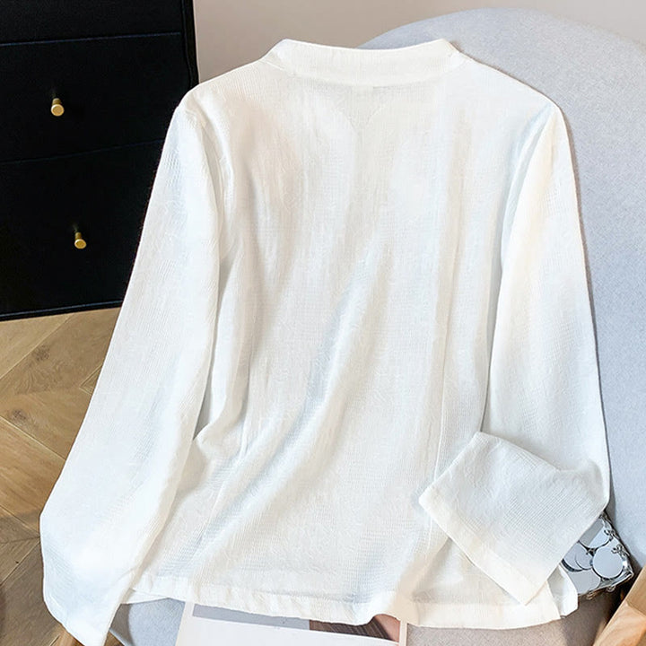 Camisa de algodón de manga larga para mujer con cuello mandarín, jacquard y botones chinos Buddha Stones Commute - image 11
