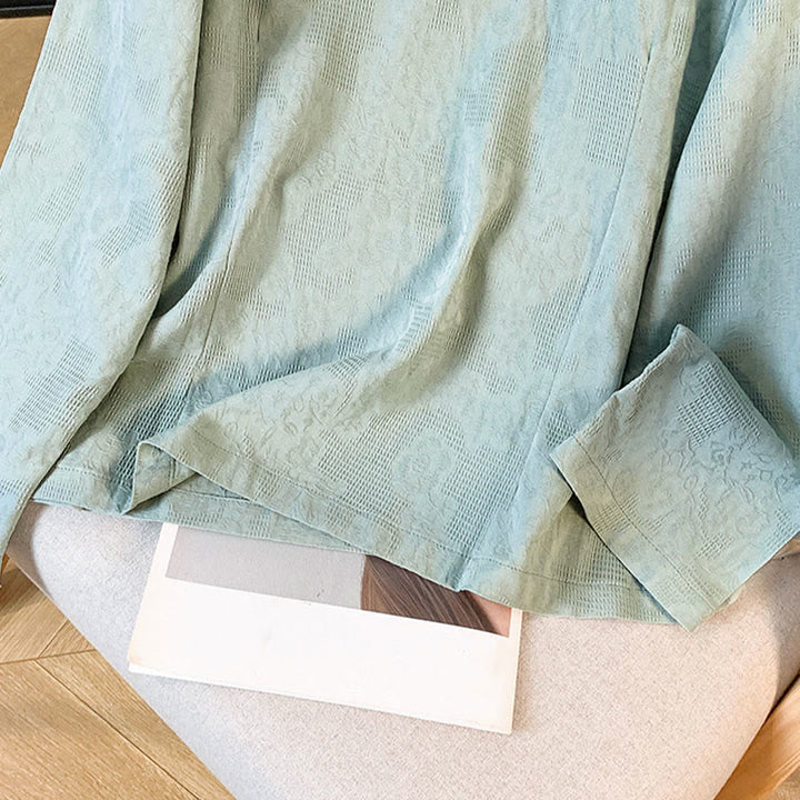 Camisa de algodón de manga larga para mujer con cuello mandarín, botones de rana y estampado jacquard de Buddha Stones para desplazamientos - image 9