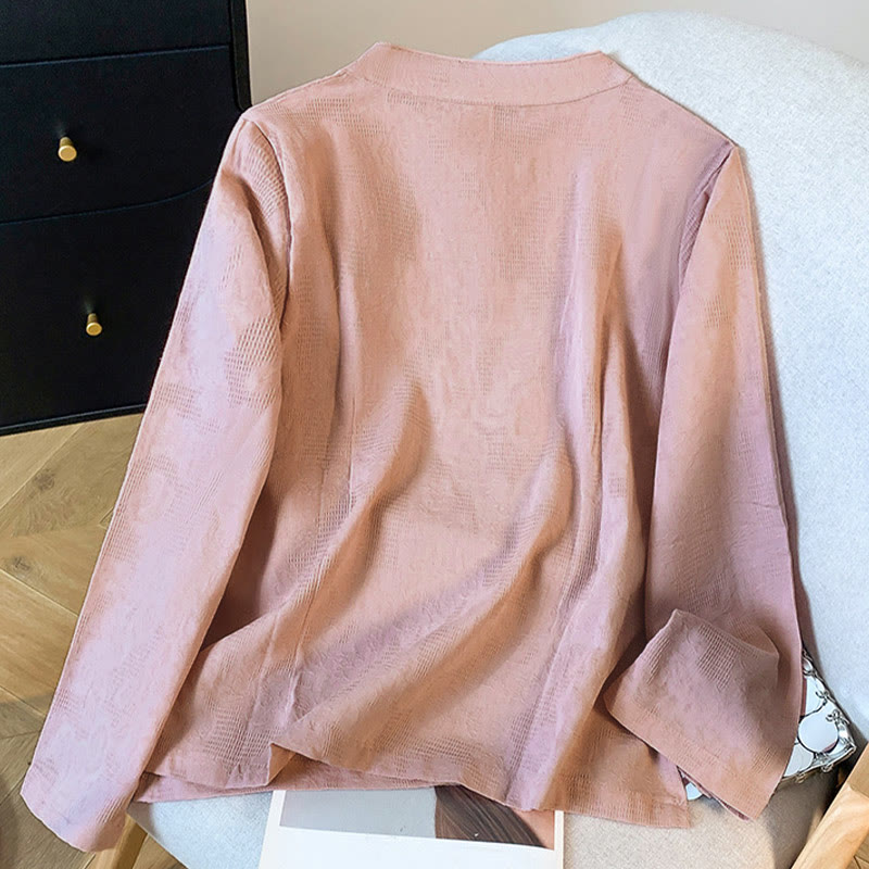Camisa de manga larga para mujer con cuello mandarín, jacquard y botones chinos con diseño de piedras de Buda y estampado de Buddha Stones. - image 21