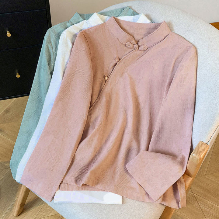 Camisa de algodón de manga larga para mujer con cuello mandarín, botones de rana y estampado jacquard de Buddha Stones para desplazamientos - image 29