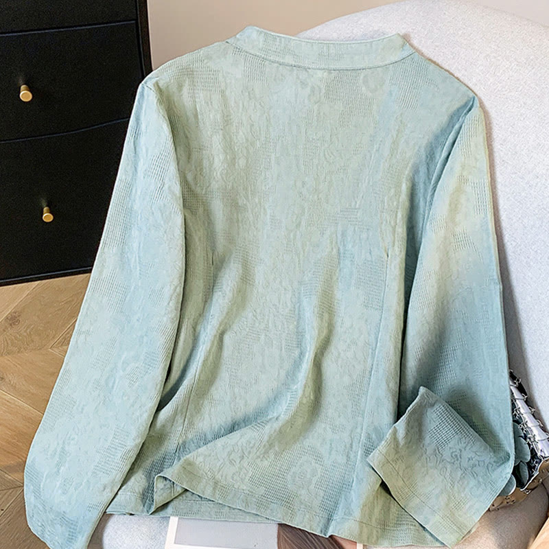 Camisa de algodón de manga larga para mujer con cuello mandarín, botones de rana y estampado jacquard de Buddha Stones para desplazamientos - image 1