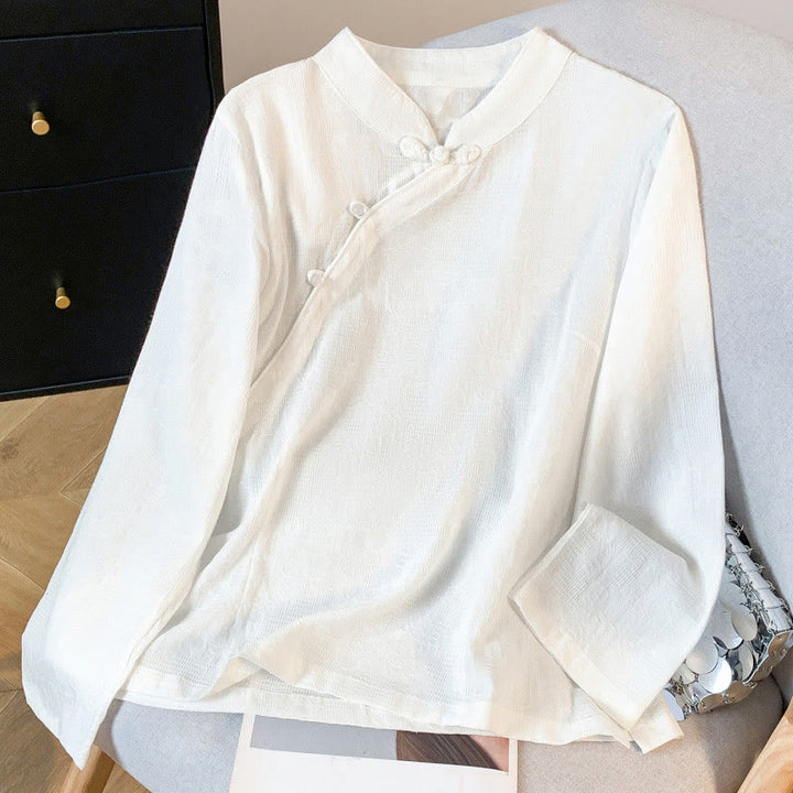 Camisa de manga larga para mujer con cuello mandarín, jacquard y botones chinos con diseño de piedras de Buda y estampado de Buddha Stones. - Blanco - US8-10，UK/AU12-14，EU40-42 (2XL) - image 10