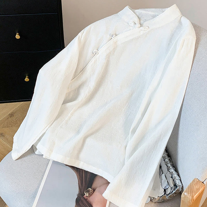 Camisa de manga larga para mujer con cuello mandarín, jacquard y botones chinos con diseño de piedras de Buda y estampado de Buddha Stones. - image 12