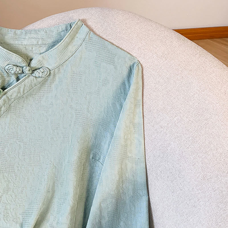 Camisa de algodón de manga larga para mujer con cuello mandarín, botones de rana y estampado jacquard de Buddha Stones para desplazamientos - image 6