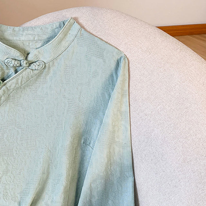 Camisa de algodón de manga larga para mujer con cuello mandarín, botones de rana y estampado jacquard de Buddha Stones para desplazamientos - image 6