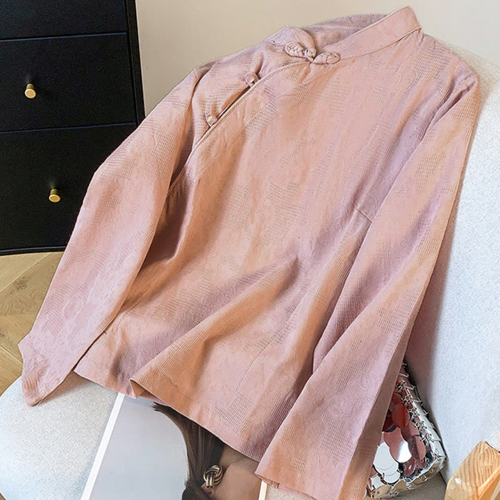 Camisa de algodón de manga larga para mujer con cuello mandarín, botones de rana y estampado jacquard de Buddha Stones para desplazamientos - image 22