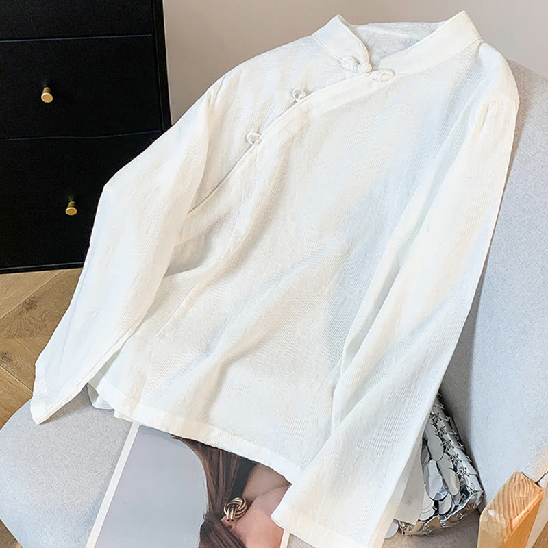 Camisa de algodón de manga larga para mujer con cuello mandarín, botones de rana y estampado jacquard de Buddha Stones para desplazamientos - image 12