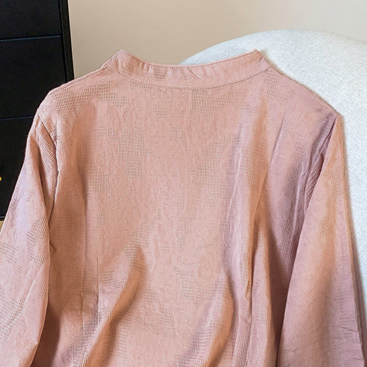 Camisa de algodón de manga larga para mujer con cuello mandarín, botones de rana y estampado jacquard de Buddha Stones para desplazamientos - image 24