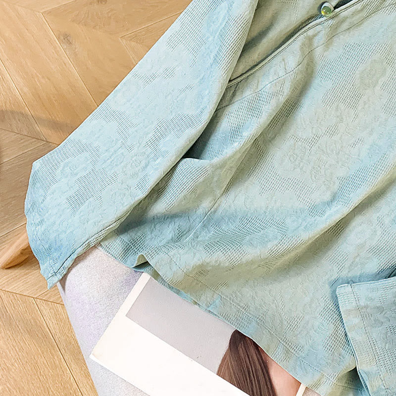 Camisa de algodón de manga larga para mujer con cuello mandarín, botones de rana y estampado jacquard de Buddha Stones para desplazamientos - image 8