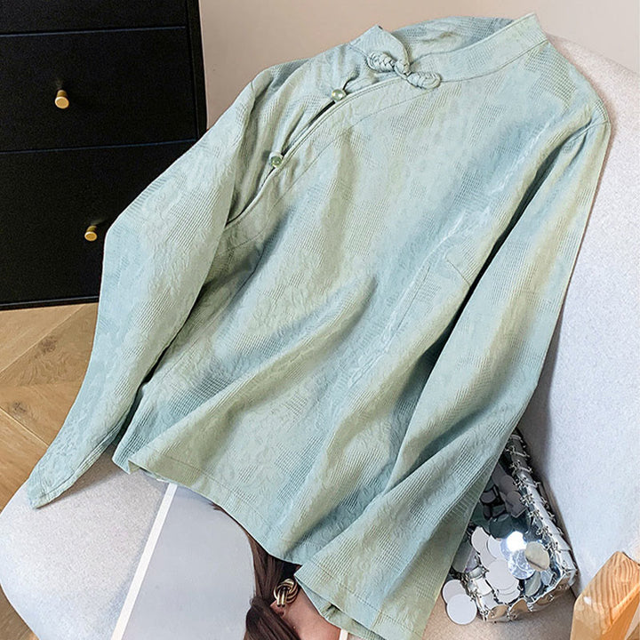 Camisa de algodón de manga larga para mujer con cuello mandarín, jacquard y botones chinos Buddha Stones Commute - image 2