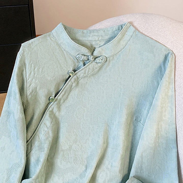 Camisa de manga larga para mujer con cuello mandarín, jacquard y botones chinos con diseño de piedras de Buda y estampado de Buddha Stones. - image 3