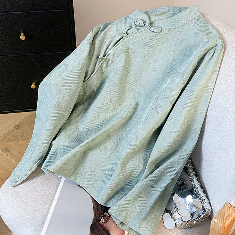 Camisa de manga larga para mujer con cuello mandarín, jacquard y botones chinos con diseño de piedras de Buda y estampado de Buddha Stones. - image 2