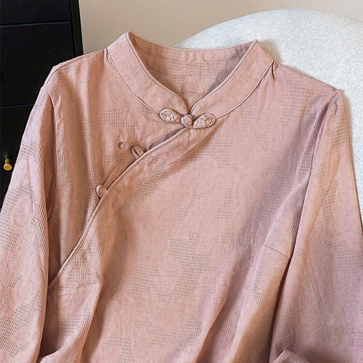 Camisa de manga larga para mujer con cuello mandarín, jacquard y botones chinos con diseño de piedras de Buda y estampado de Buddha Stones. - image 23
