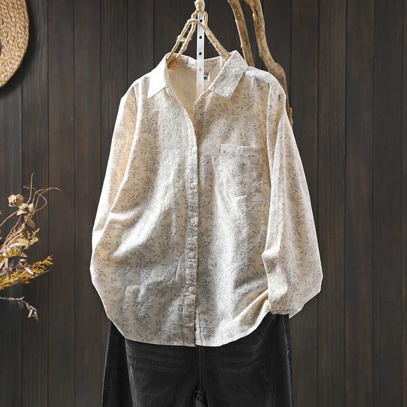 Camisa de manga larga de algodón para mujer con botones y diseño floral otoñal con Buddha Stones - OldLace - US6, UK/AU10, EU38 (L) - image 0