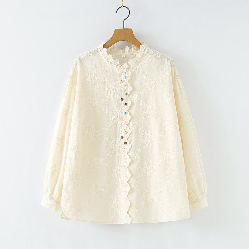 Camisa de manga larga de algodón para mujer con cuello con volantes, botones florales bordados en relieve y estampado de Buddha Stones. - OldLace - US6, UK/AU10, EU38 (L) - image 0