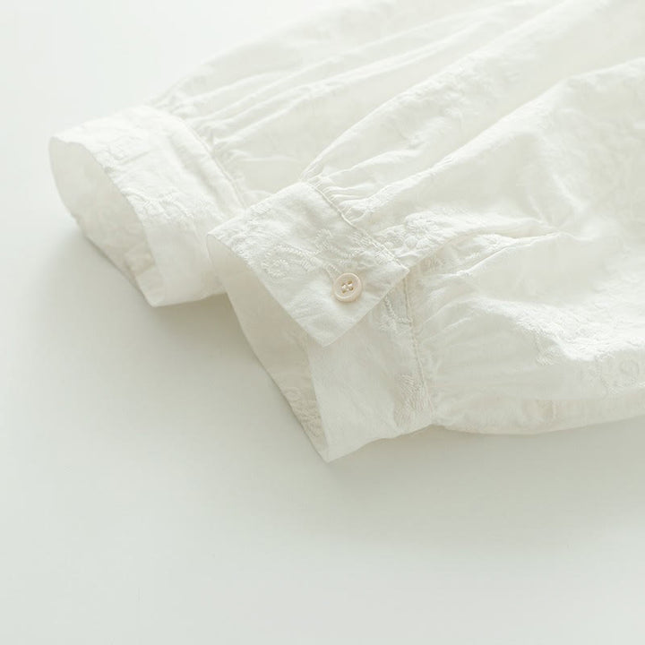 Camisa de manga larga de algodón para mujer con cuello con volantes, botones florales bordados en relieve y estampado de Buddha Stones. - image 8