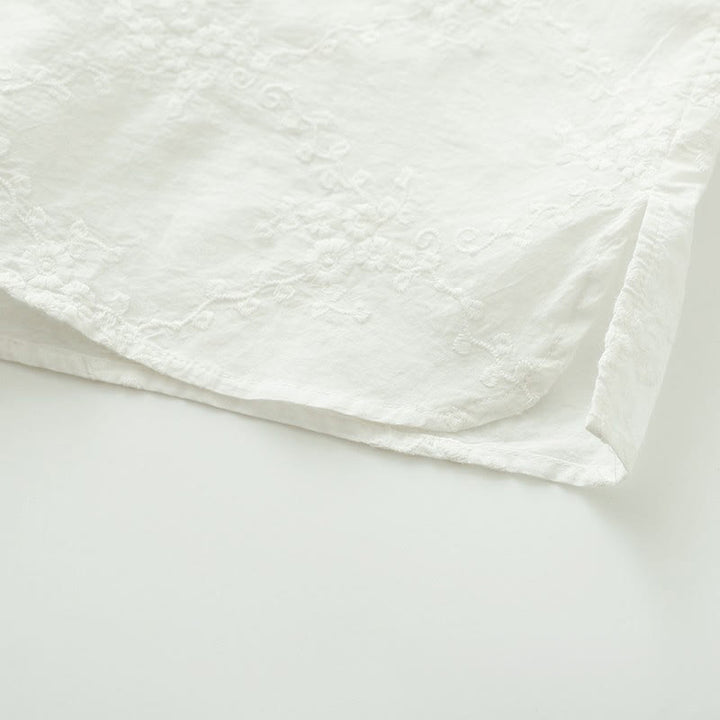 Camisa de manga larga de algodón para mujer con cuello con volantes, botones florales bordados en relieve y estampado de Buddha Stones. - image 11