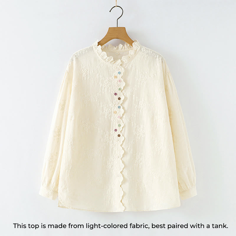 Camisa de manga larga de algodón para mujer con cuello con volantes, botones florales bordados en relieve y estampado de Buddha Stones. - image 1