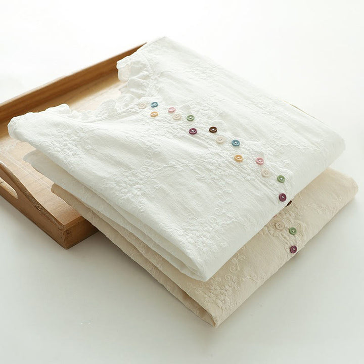 Camisa de manga larga de algodón para mujer con cuello con volantes, botones florales bordados en relieve y estampado de Buddha Stones. - image 15