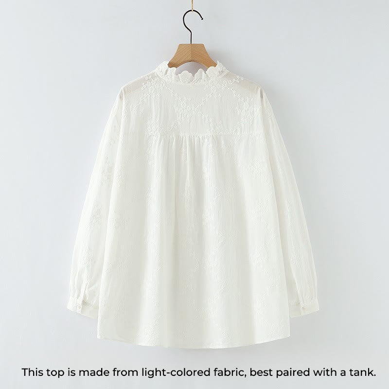 Camisa de manga larga de algodón para mujer con cuello con volantes, botones florales bordados en relieve y estampado de Buddha Stones. - image 3