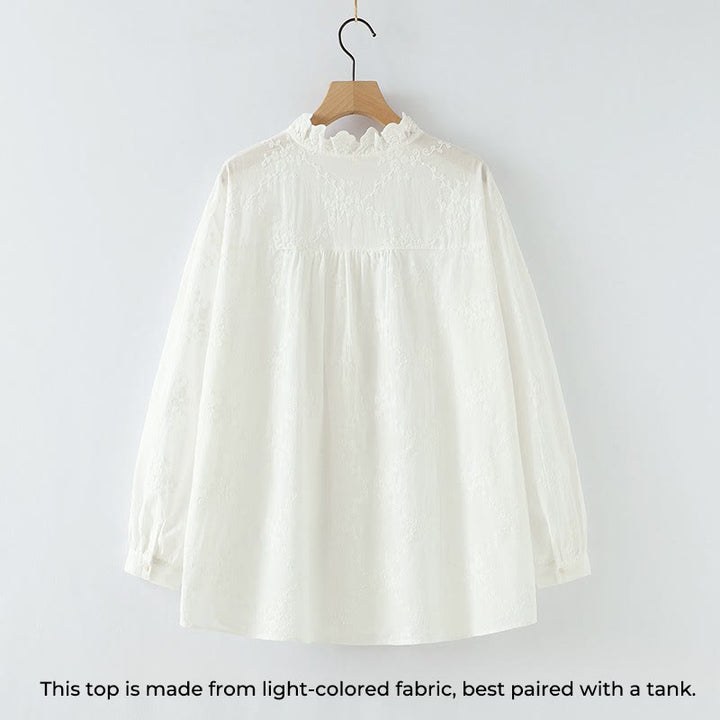 Camisa de manga larga de algodón para mujer con cuello con volantes, botones florales bordados en relieve y estampado de Buddha Stones. - image 3