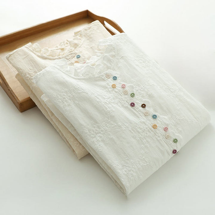 Camisa de manga larga de algodón para mujer con cuello con volantes, botones florales bordados en relieve y estampado de Buddha Stones. - image 14