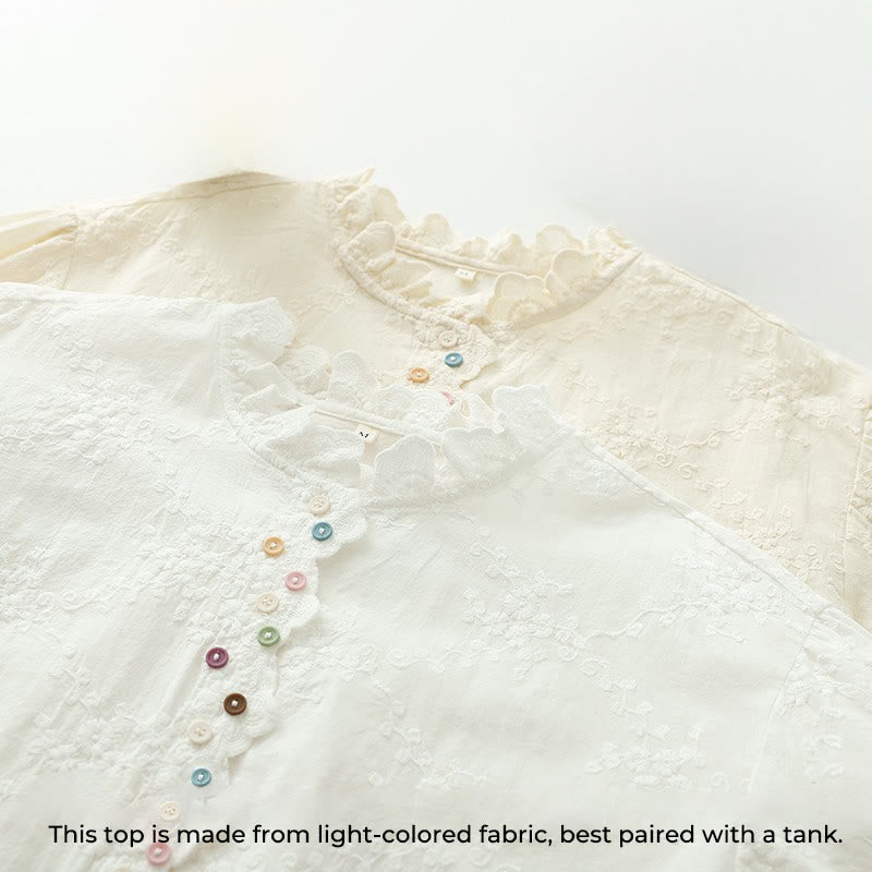 Camisa de manga larga de algodón para mujer con cuello con volantes, botones florales bordados en relieve y estampado de Buddha Stones. - image 4