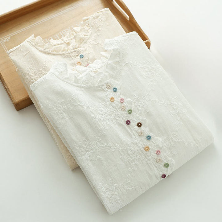Camisa de manga larga de algodón para mujer con cuello con volantes, botones florales bordados en relieve y estampado de Buddha Stones. - image 13