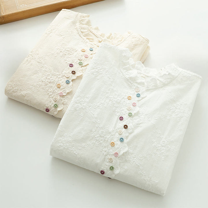 Camisa de manga larga de algodón para mujer con cuello con volantes, botones florales bordados en relieve y estampado de Buddha Stones. - image 12