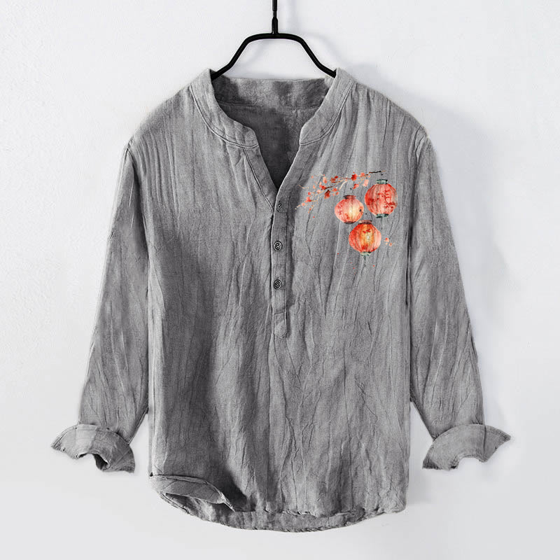 Camisa de manga larga para hombre, de algodón y lino, con estampado sencillo de farolillos y flores rojas con Buddha Stones y botones a la mitad. - Gris - US/UK/AU50, EU60 (5XL) - image 0