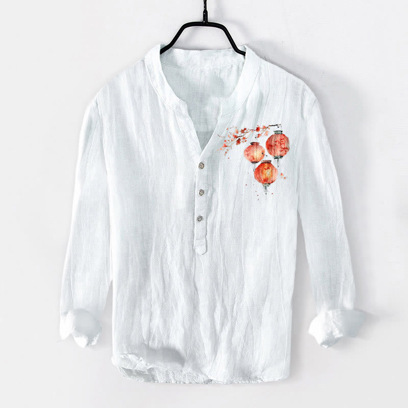 Camisa de manga larga para hombre, de algodón y lino, con estampado sencillo de farolillos y flores rojas con Buddha Stones y botones a la mitad. - Blanco - US/UK/AU50, EU60 (5XL) - image 3