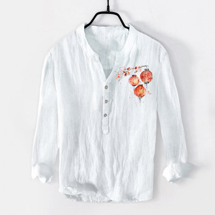 Camisa de manga larga para hombre, de algodón y lino, con estampado sencillo de farolillos y flores rojas con Buddha Stones y botones a la mitad. - Blanco - US/UK/AU50, EU60 (5XL) - image 3