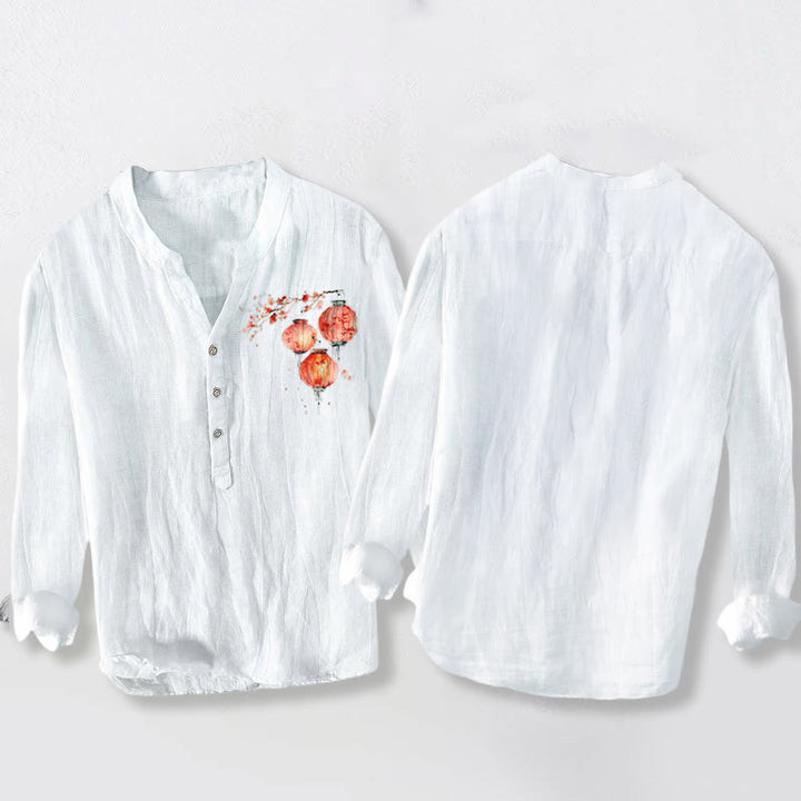 Camisa de manga larga para hombre, de algodón y lino, con estampado sencillo de farolillos y flores rojas con Buddha Stones y botones a la mitad. - image 5